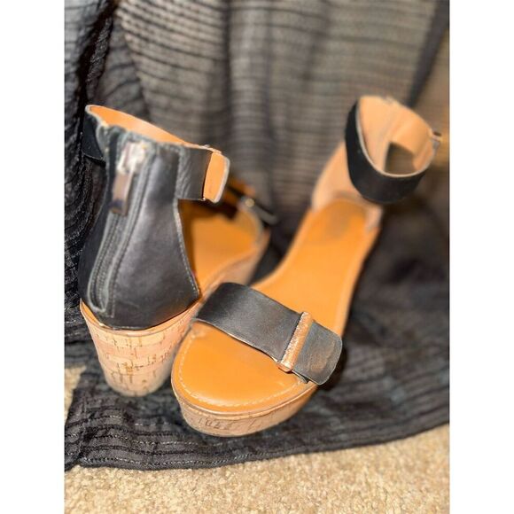 Franco Sarto Joni 2 Black Slingback platform Sandals Size 6.5 Cork Wedge - Picture 3 of 8